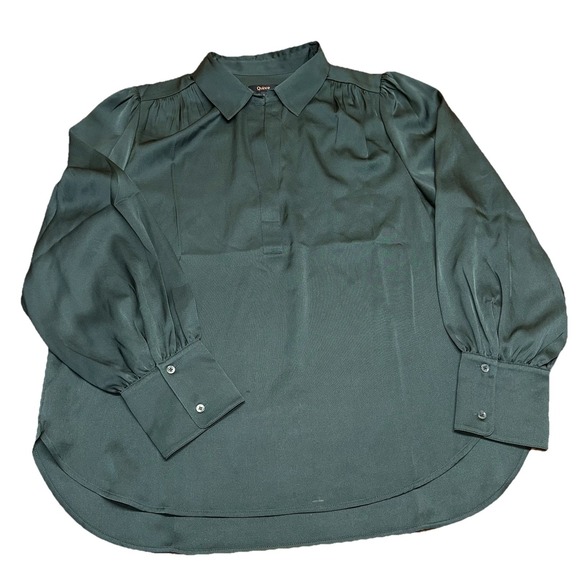 Quince Washable Stretch Silk Split Neck Blouse Forest Green Women's L - Picture 4 of 10